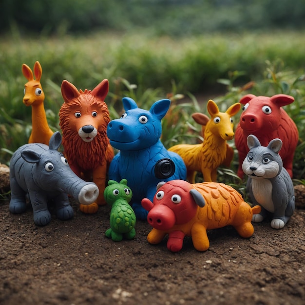 Photo a vivid and dynamic mix of plasticine animals from various habitats showcasing both domestic charm and wild excitement