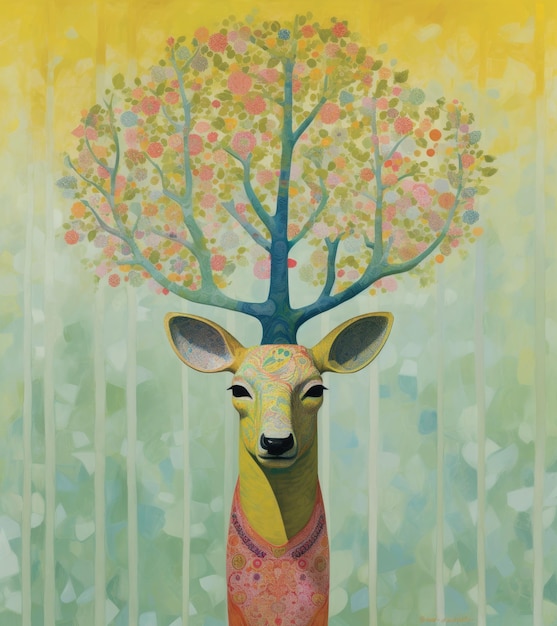 A Vivid Gamboge green and yellow painting of a facing foward deer with a tree on its head AI Generated