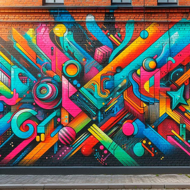 Vivid Geometric Graffiti Mural on Urban Brick Wall