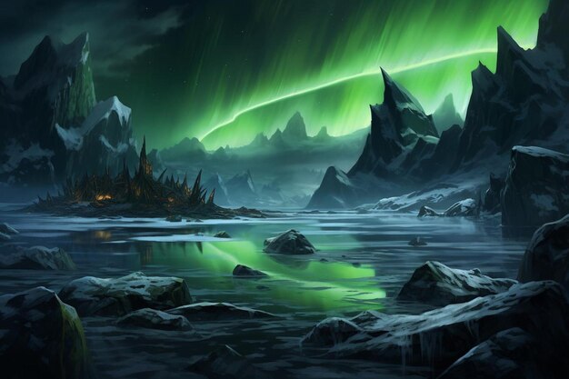 Vivid Green Aurora Over Icy Land beautiful weather colorful sky texture wallpaper