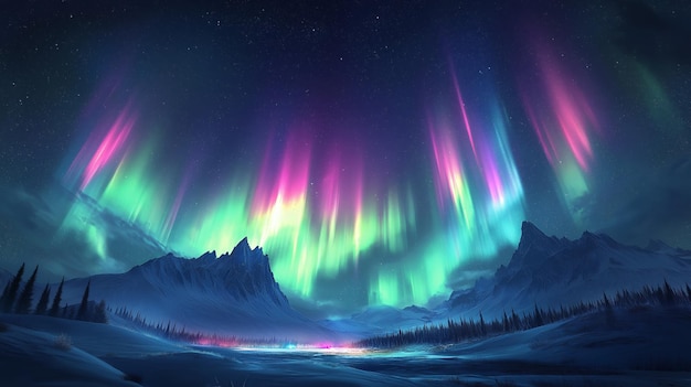 Vivid green and pink aurora borealis display above a snowy mountain range