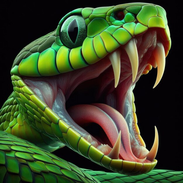 Photo vivid green snake with open mouth and visible fangs displaying a defensive posture