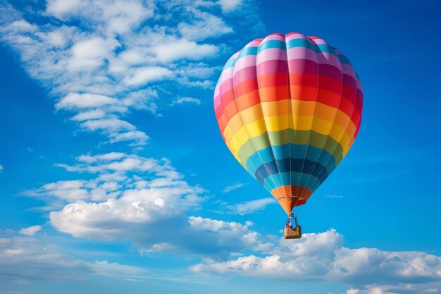 Vivid hot air balloon soaring in blue sky for exciting adventurous escape and leisurely getaway