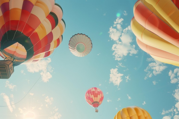 Vivid hot air balloons float serenely in a clear sky bathed in sunlight