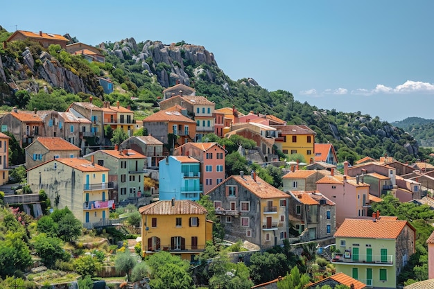 Vivid houses on a hill in a charming European village under a blue sky