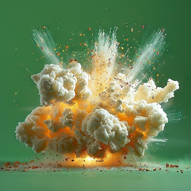 Vivid image of an explosion with clouds fire and sparks against a green background capturing dynamic