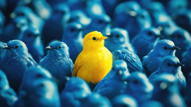 Photo a vivid image featuring a bright yellow bird standing out among a large group of uniformly colored blue birds