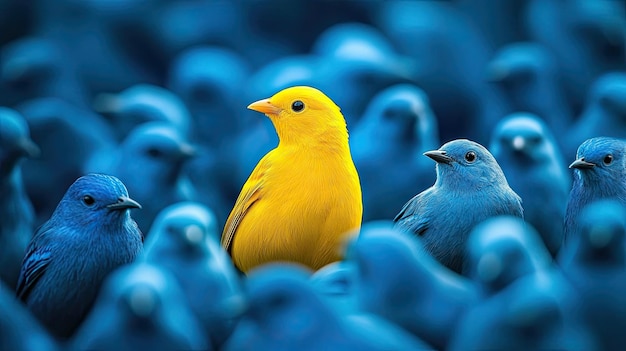 A vivid image featuring a bright yellow bird standing out among a large group of uniformly colored blue birds