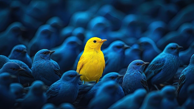 A vivid image featuring a bright yellow bird standing out among a large group of uniformly colored blue birds