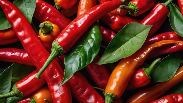 Vivid image of red chili peppers intermixed with green leaves