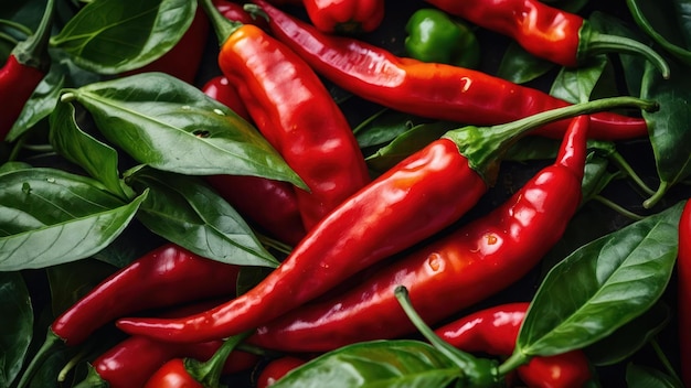 Vivid image of red chili peppers intermixed with green leaves