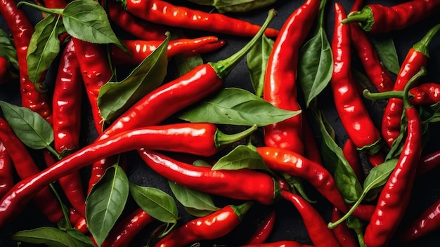 Vivid image of red chili peppers intermixed with green leaves