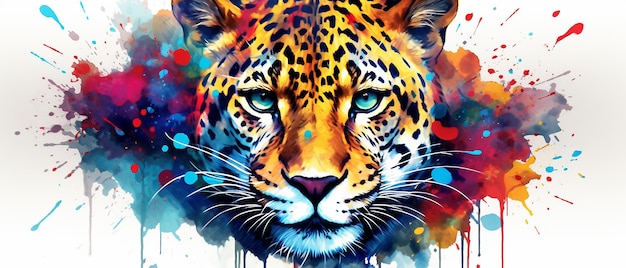 Vivid Jaguar Portrait Watercolor with Colorful Splashes