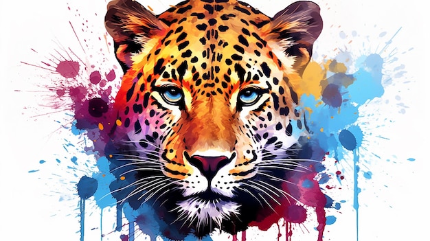 Vivid Jaguar Portrait Watercolor with Colorful Splashes