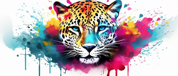 Vivid Jaguar Portrait Watercolor with Colorful Splashes