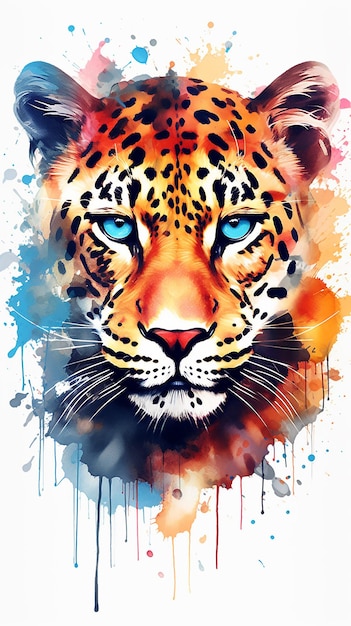 Vivid Jaguar Portrait Watercolor with Colorful Splashes