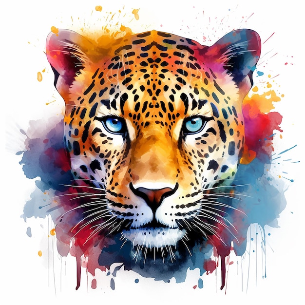 Vivid Jaguar Portrait Watercolor with Colorful Splashes