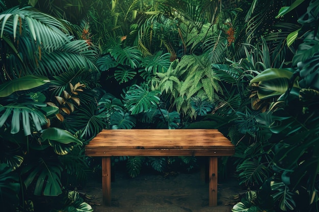 Vivid jungle scene with wooden table amidst lush greenery