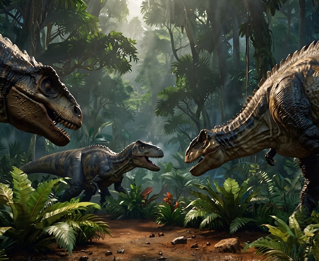 Photo vivid jurassic world with diverse dinosaurs lush vegetation and towering trees