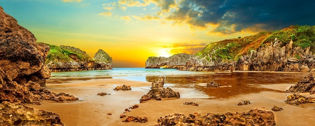 Vivid landscape of beach and coast with mountains and vegetation