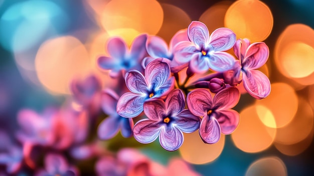 Photo vivid lilac blossoms feature intricate petals against a backdrop of softly blurred colorful lights creating a dreamy enchanting atmosphere