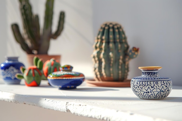 Vivid Mexican pottery and cacti on a bright surface