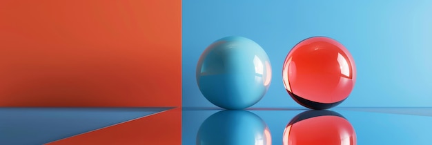 Vivid Modern Art Composition with Reflective Spheres on Colorful Geometric Background Two reflective spheres one blue and one red placed on a glossy surface with a vivid geometric background