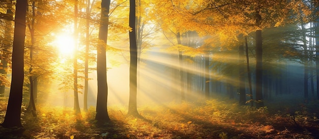 Vivid Morning in Autumn Forest Nature