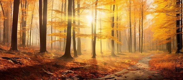 Vivid Morning in Autumn Forest Nature