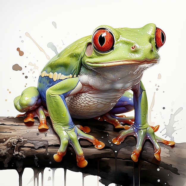 Vivid Nature Realistic Watercolor RedEyed Tree Frog on White Background