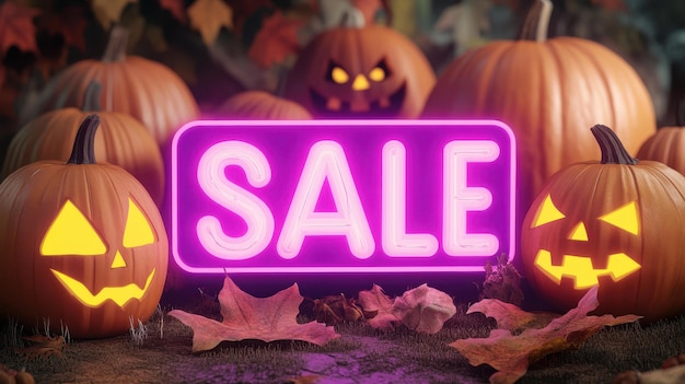 A vivid neon SALE sign surrounded by Halloween pumpkins sets the mood for festive