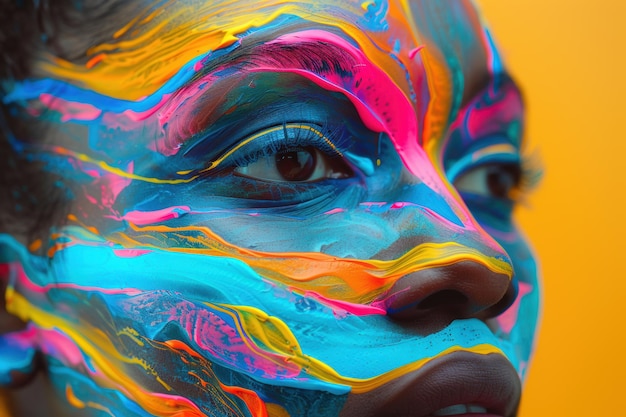 Photo vivid neon waves dance across a face showcasing vibrant artistry and expression