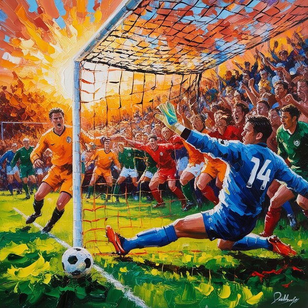 Photo vivid oil painting of soccer game capturing a dramatic moment