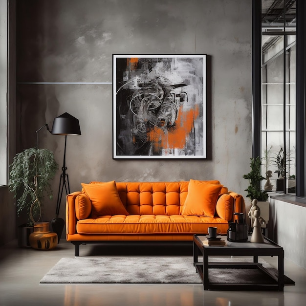 Vivid orange sofa and art poster on stucco wall Generative Ai