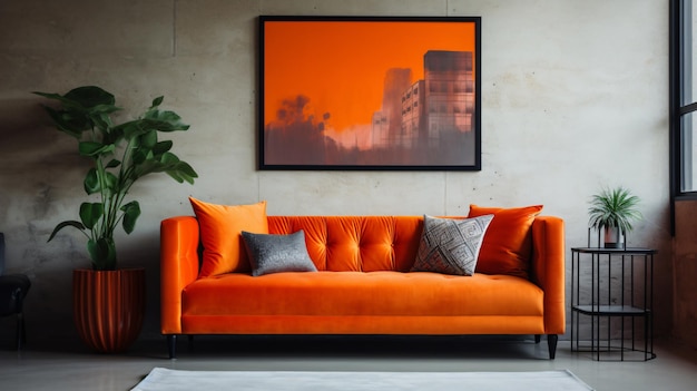 Vivid orange sofa and art poster on stucco wall