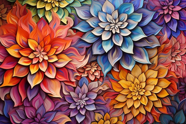 Vivid pattern with multicolored dahlias orange blue purple yellow flowers