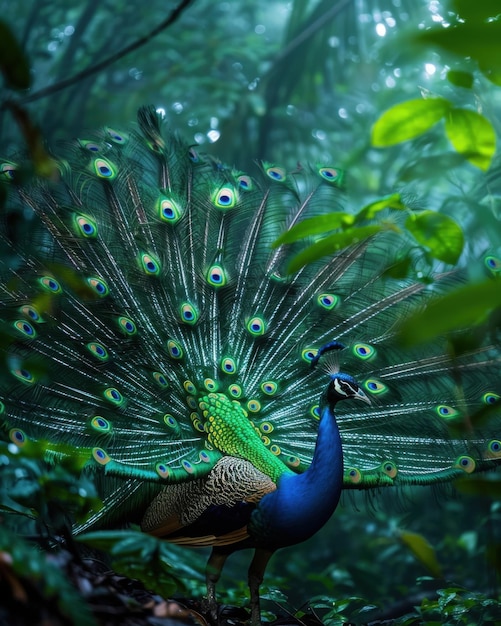 A vivid peacock displaying its feathers in a lush rainforest with droplets from a recent rain adding a sparkling effect