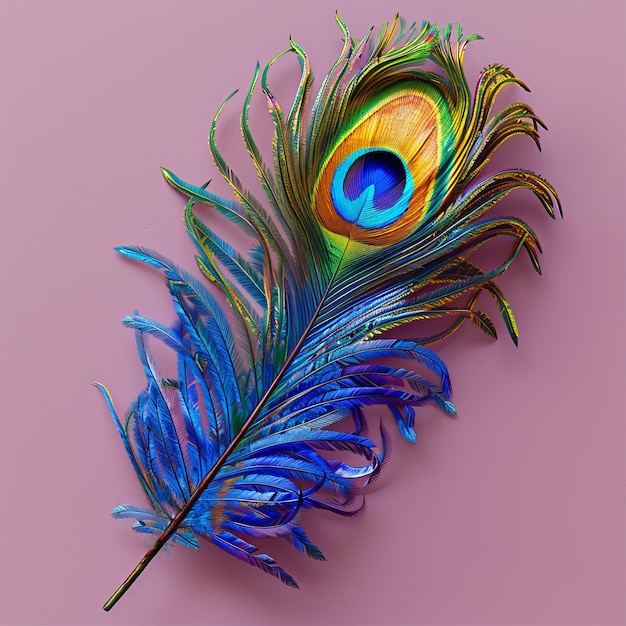 Vivid peacock feather on a soft pink backdrop