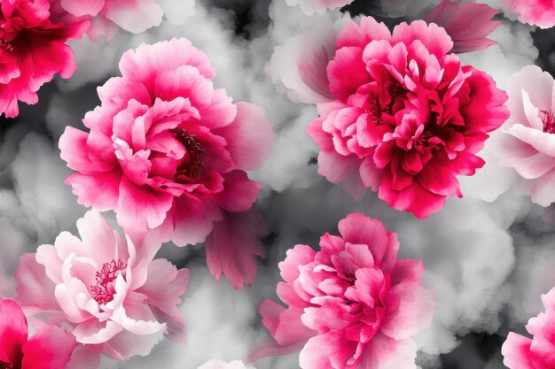 Photo vivid pink peonies on monochrome smoke background