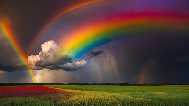 Vivid rainbow above a blooming field under storm