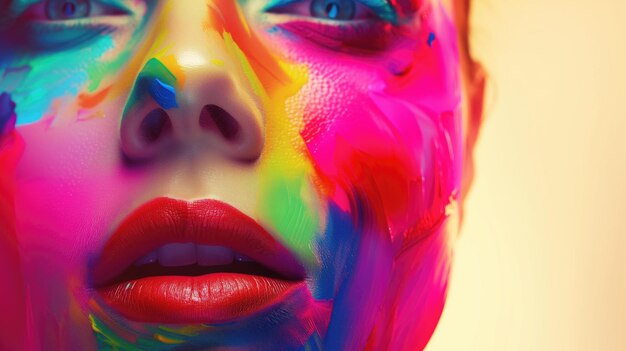 Vivid rainbow paint adorning womans face close view