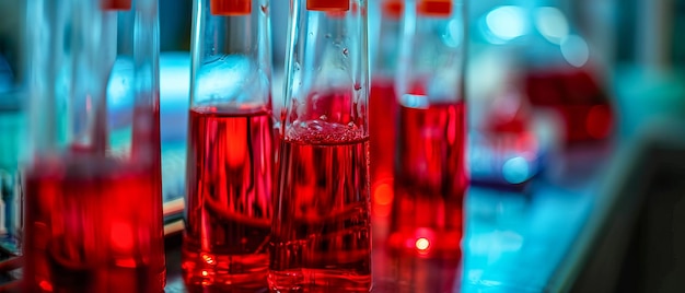 Vivid red chemical reaction occurring in laboratory glassware wi