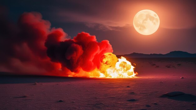 Photo vivid red and glowing yellow fire explosion lighting up dark desert landscape