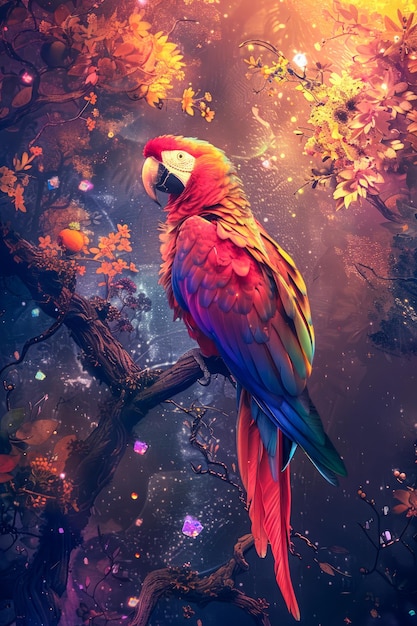 Vivid Scarlet Macaw Parrot Perched in a Magical Colorful Fantasy Forest with Autumn Leaves