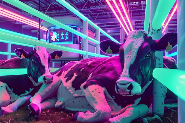 A vivid scene of cows lounging in a neonlit environment with vibrant futuristic colors