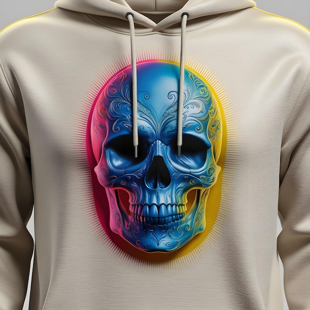 Photo vivid skull makeup hoodie mockup with brushed fabric texture