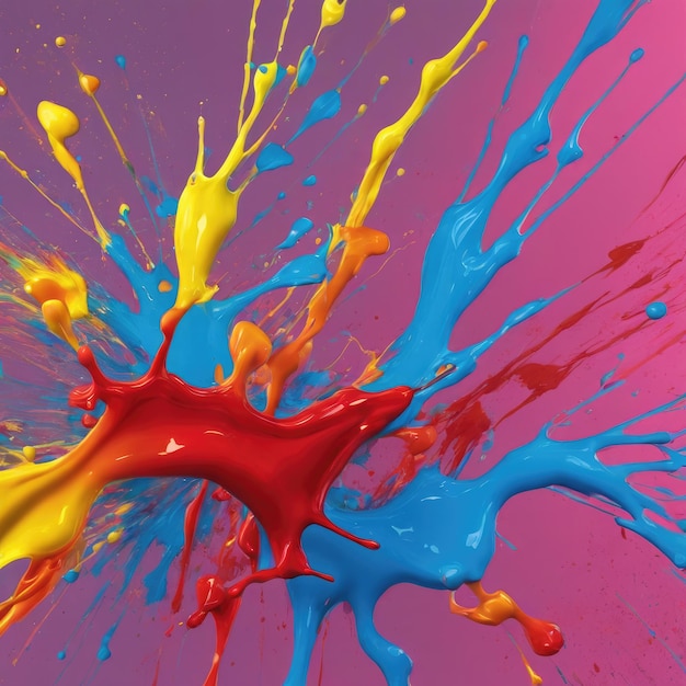 Vivid Splashes of Colorful Paint Against a Pink Background Captured in MidAir