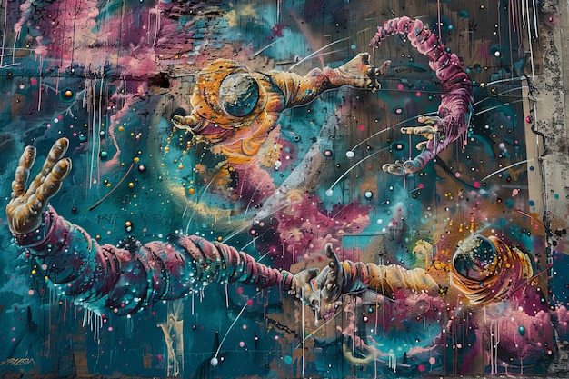 Vivid street mural of astronauts in space with dynamic colors and abstract elements capturing a sense of motion and adventure