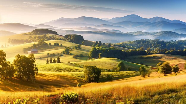 Photo vivid summer landscape of a rolling countryside on a sunny day mountains in morning generative ai