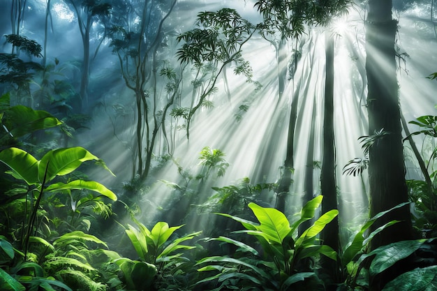 Vivid sunbeams pierce through the rich verdant tropical rainforest canopy casting an enchanting